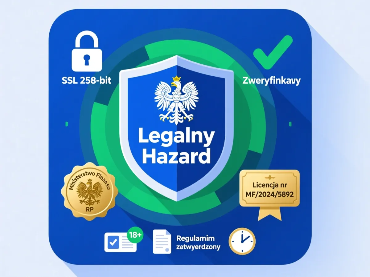 Ilustracja przedstawiająca tarczę z polskim orłem, symbole bezpieczeństwa cyfrowego i weryfikacji legalności zakładów bukmacherskich