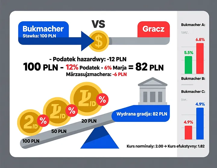 Infografika pokazująca marżę bukmacherską i polski podatek obrotowy 12% - wyliczenie rzeczywistej kwoty do gry