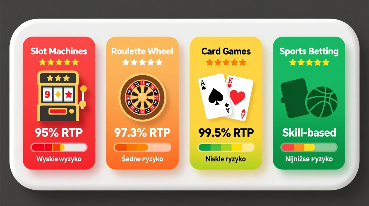 Infografika porównawcza różnych form hazardu: automaty, ruletka, poker, blackjack i zakłady bukmacherskie z wskaźnikami RTP i ryzyka