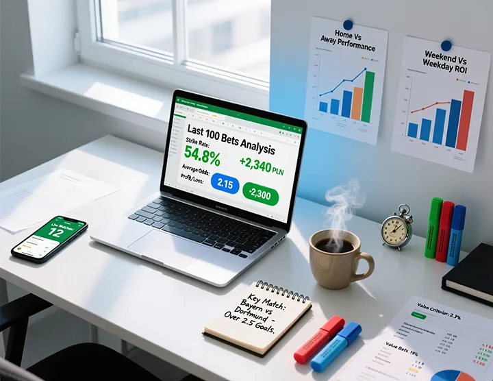 Workspace profesjonalnego typera z laptopem, arkuszami Excel, statystykami meczów i analizami bukmacherskimi
