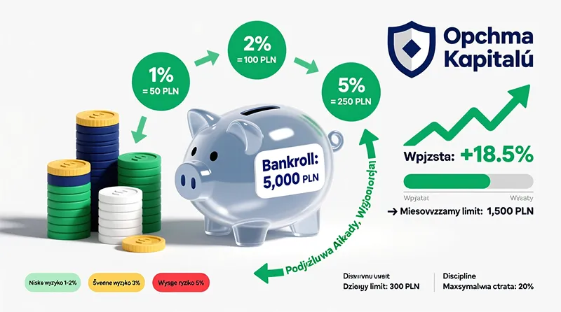 Ilustracja zarządzania bankrollem w zakładach bukmacherskich - podział kapitału i stawki 1-2% na kupon